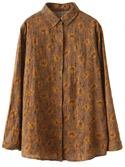 Plus Size Women Spring Vintage Floral Button T-shirt