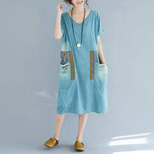 Load image into Gallery viewer, baggy denim blue pure cotton dresses plus size clothing holiday dresses New short sleeve pockets v neck print dress