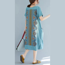 Load image into Gallery viewer, baggy denim blue pure cotton dresses plus size clothing holiday dresses New short sleeve pockets v neck print dress