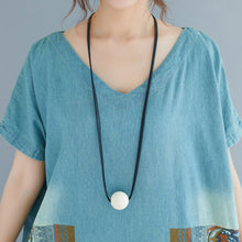 Load image into Gallery viewer, baggy denim blue pure cotton dresses plus size clothing holiday dresses New short sleeve pockets v neck print dress