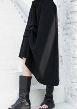 Load image into Gallery viewer, black casual cotton blended skirts loose one side drawstring elastic waist aline skirts