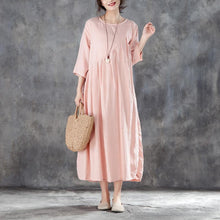Load image into Gallery viewer, boutique linen sundress oversized Linen Round Neck Three Quarter Sleeve Pink Pleated Dress