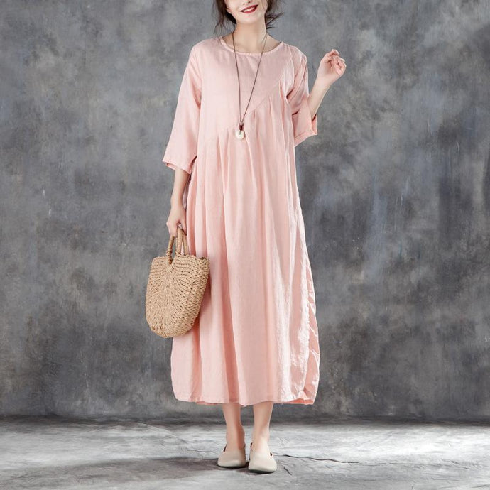 boutique linen sundress oversized Linen Round Neck Three Quarter Sleeve Pink Pleated Dress