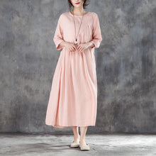 Load image into Gallery viewer, boutique linen sundress oversized Linen Round Neck Three Quarter Sleeve Pink Pleated Dress