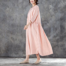 Load image into Gallery viewer, boutique linen sundress oversized Linen Round Neck Three Quarter Sleeve Pink Pleated Dress