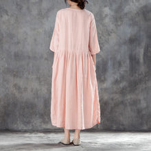 Load image into Gallery viewer, boutique linen sundress oversized Linen Round Neck Three Quarter Sleeve Pink Pleated Dress