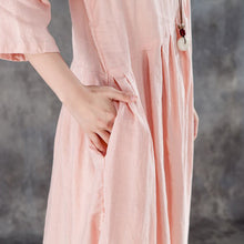 Load image into Gallery viewer, boutique linen sundress oversized Linen Round Neck Three Quarter Sleeve Pink Pleated Dress