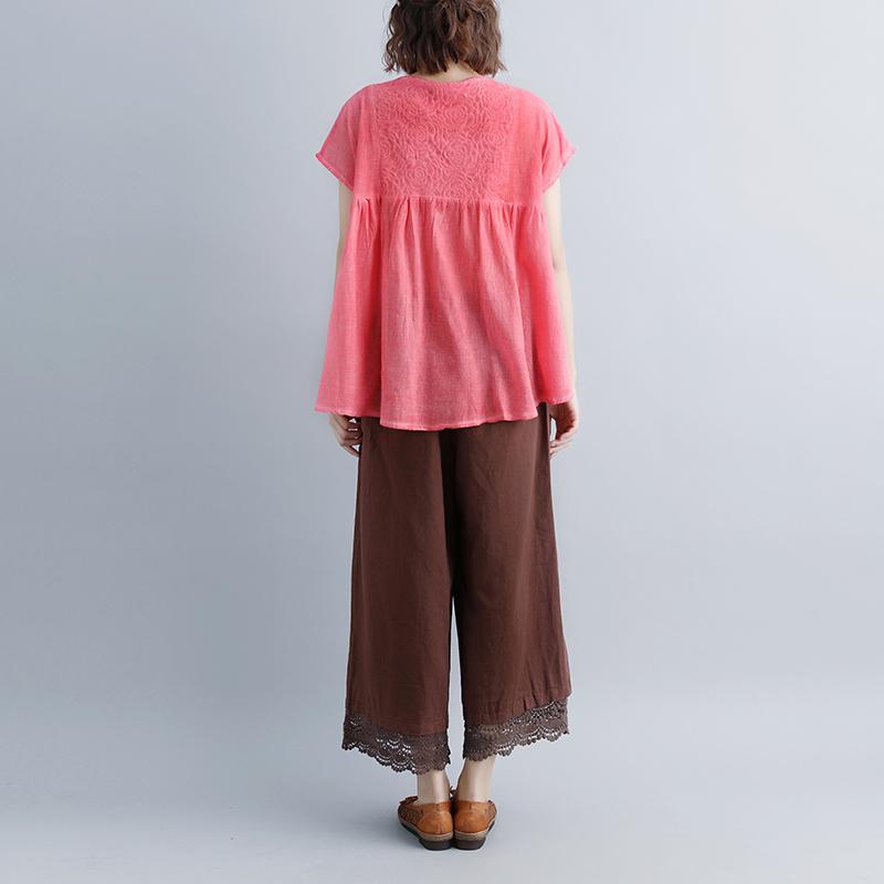 brief linen tops plus size clothing Casual Summer Short Sleeve Pink Boat Neck Blouse
