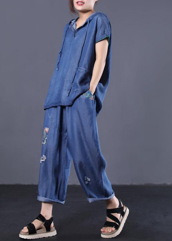 denim blue vintage cotton two pieces hooded short sleeve tops and patchwork pants