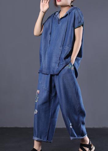 denim blue vintage cotton two pieces hooded short sleeve tops and patchwork pants