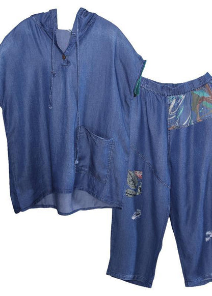 denim blue vintage cotton two pieces hooded short sleeve tops and patchwork pants