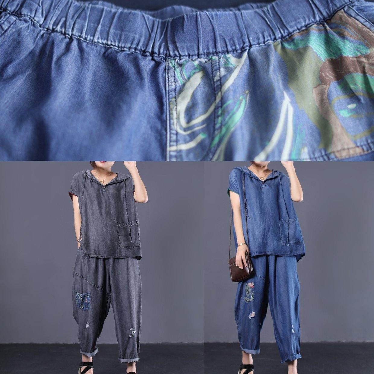 denim blue vintage cotton two pieces hooded short sleeve tops and patchwork pants