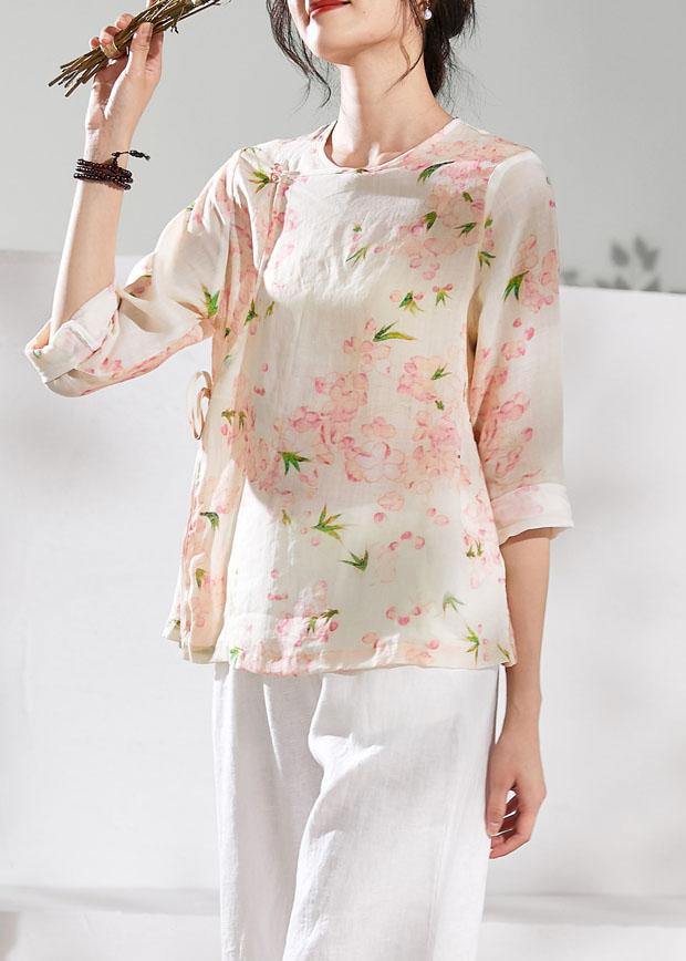 diy o neck half sleeve linen blouses for women Shirts pink print tops