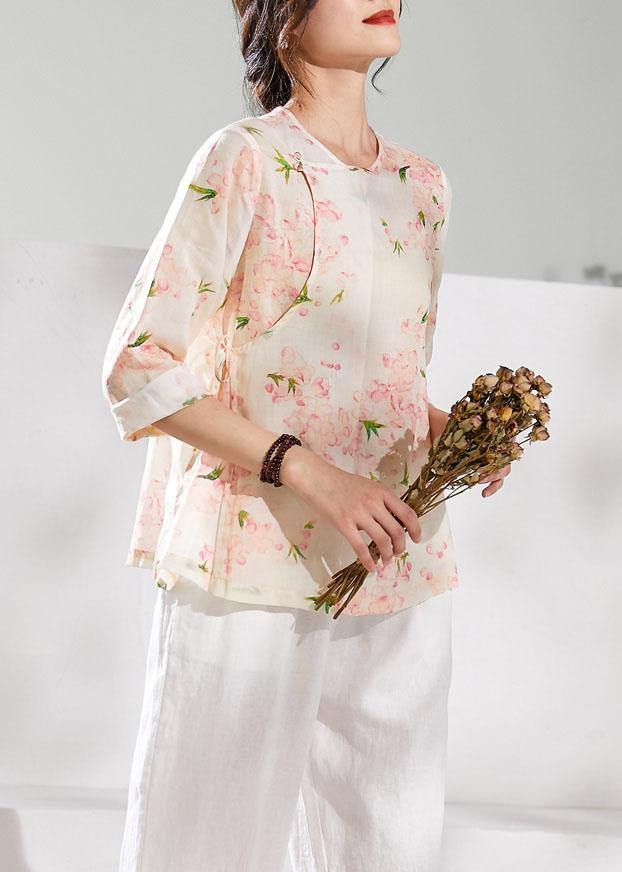 diy o neck half sleeve linen blouses for women Shirts pink print tops