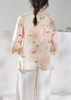 diy o neck half sleeve linen blouses for women Shirts pink print tops