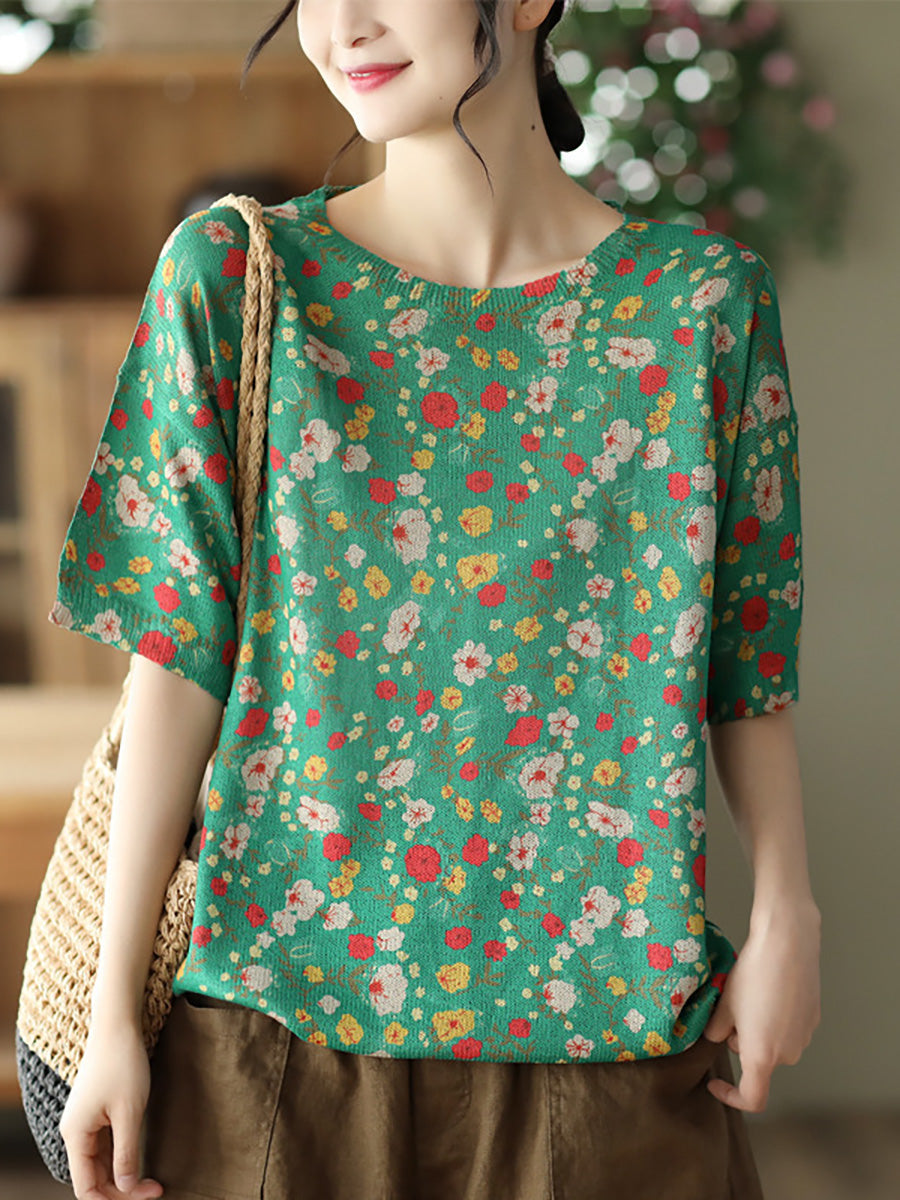 Summer Floral Linen Knited Women T Shirt