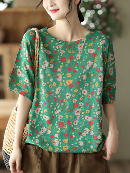 Summer Floral Linen Knited Women T Shirt