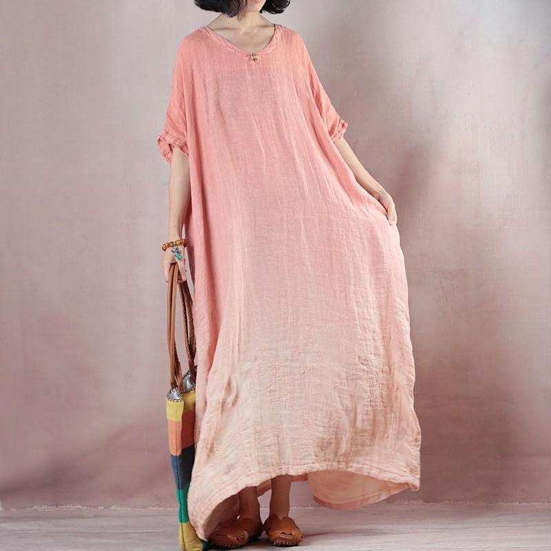 fashion pink orange linen dresses Loose fitting v neck baggy dresses linen dress 2018 half sleeve maxi dresses