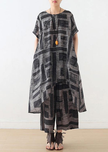 Blue Prints Casual Cotton Blend Two Pieces Side Open Tops And Elastic Waist Wide Leg Pants