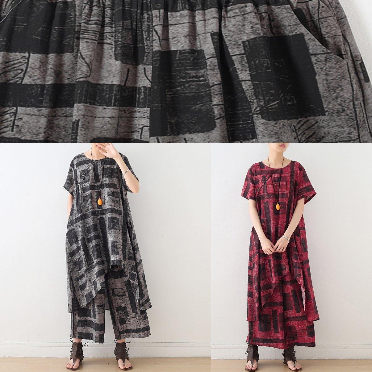 Blue Prints Casual Cotton Blend Two Pieces Side Open Tops And Elastic Waist Wide Leg Pants