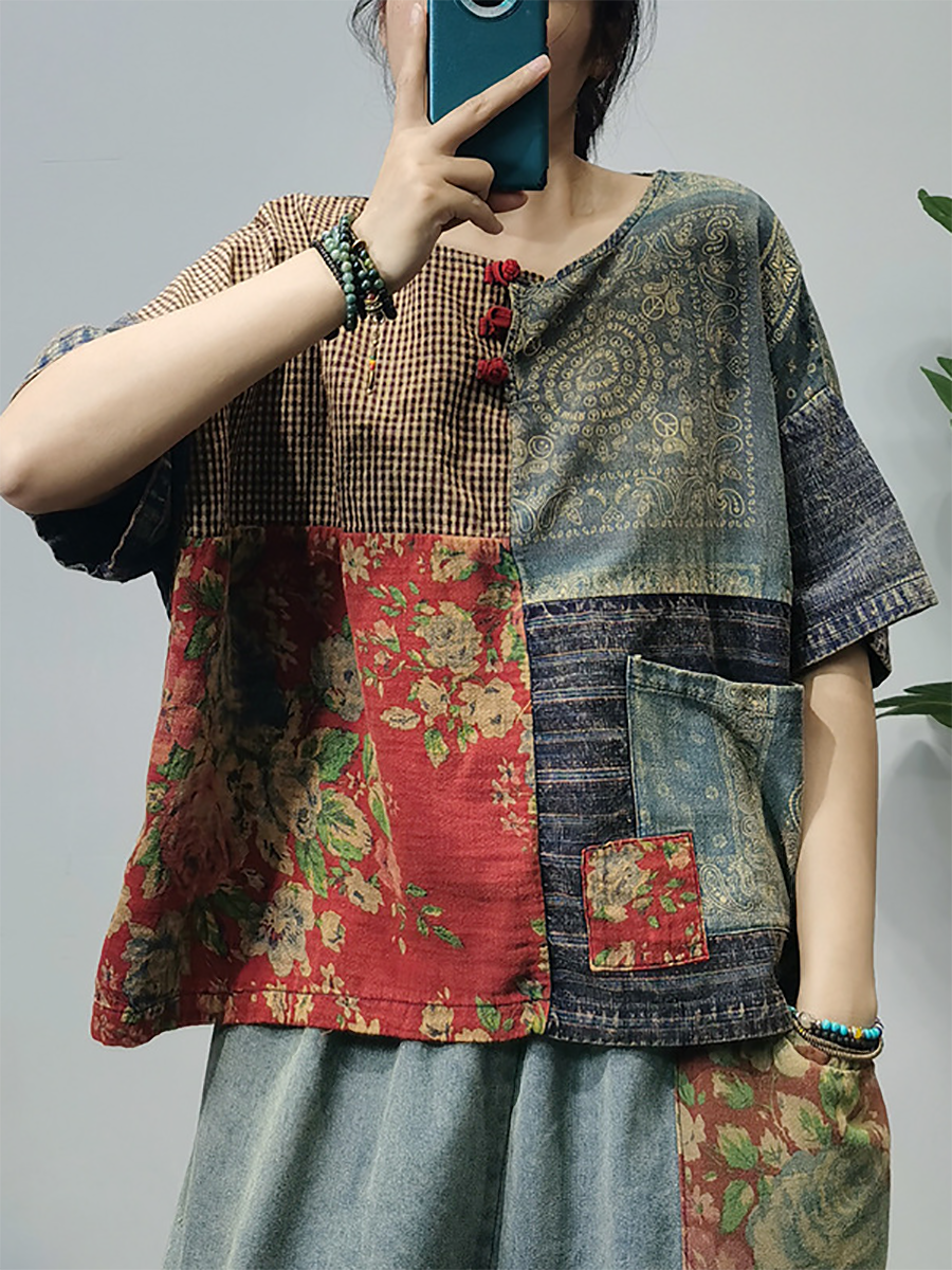 Women Summer Vintage Patchwork Button Pocket Shirt