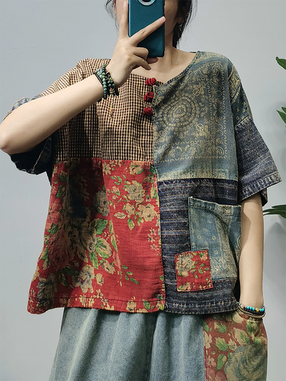 Women Summer Vintage Patchwork Button Pocket Shirt