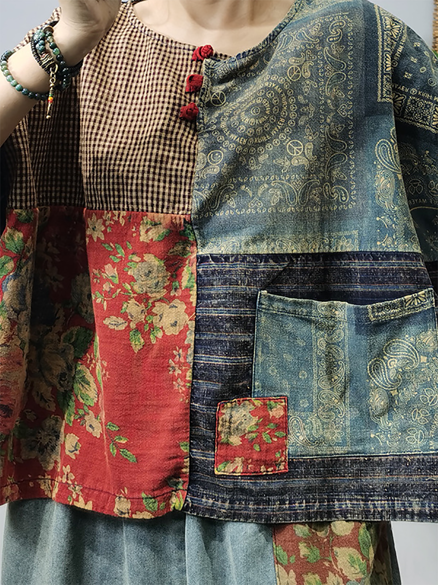Women Summer Vintage Patchwork Button Pocket Shirt