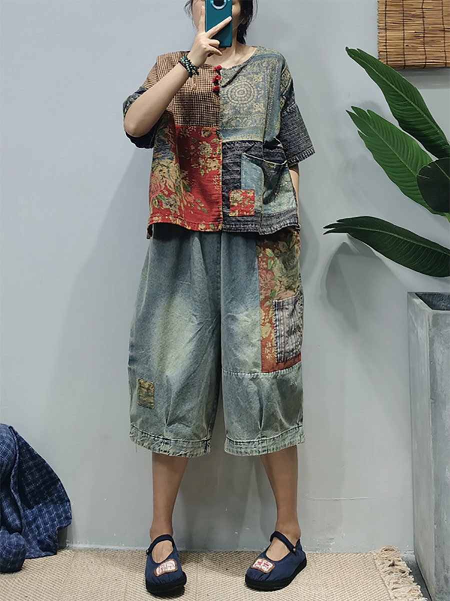 Women Summer Vintage Patchwork Button Pocket Shirt