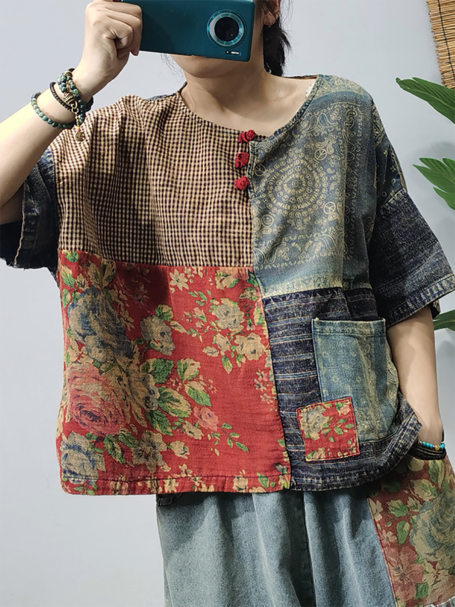 Women Summer Vintage Patchwork Button Pocket Shirt