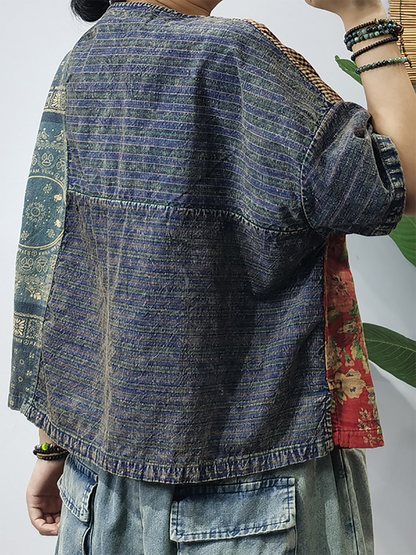 Women Summer Vintage Patchwork Button Pocket Shirt