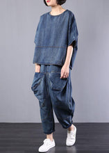 Load image into Gallery viewer, new denim blue cotton short sleeve o neck tops and big pockets pants two pieces