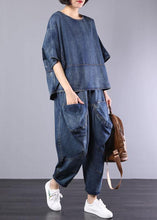 Load image into Gallery viewer, new denim blue cotton short sleeve o neck tops and big pockets pants two pieces