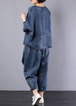 Load image into Gallery viewer, new denim blue cotton short sleeve o neck tops and big pockets pants two pieces
