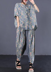 new loose small floral Cinched tops denim two pieces