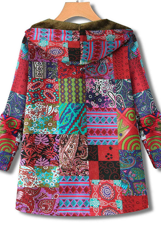 odern Red Hooded Print Zippered Patchwork Warm Fleece Coats Fall
