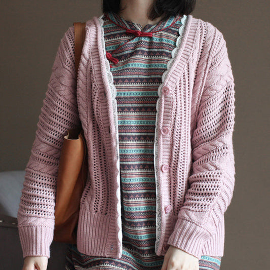 pink vintage cotton sweater tops loose casual lace chunky knit cardigans