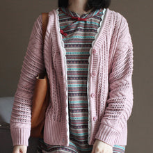Load image into Gallery viewer, pink vintage cotton sweater tops loose casual lace chunky knit cardigans