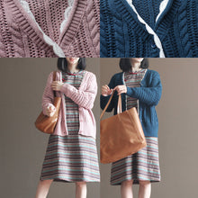 Load image into Gallery viewer, pink vintage cotton sweater tops loose casual lace chunky knit cardigans