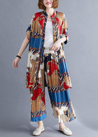 red blue prints chiffon two pieces stand collar shirt with women casual Cinched wide leg pants