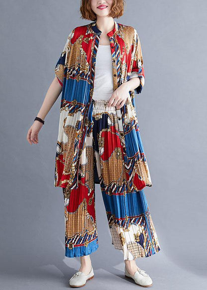 red blue prints chiffon two pieces stand collar shirt with women casual Cinched wide leg pants