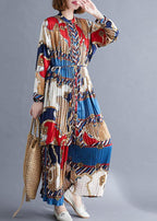 red blue prints chiffon two pieces stand collar shirt with women casual Cinched wide leg pants