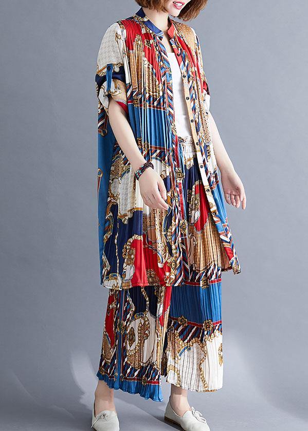 red blue prints chiffon two pieces stand collar shirt with women casual Cinched wide leg pants