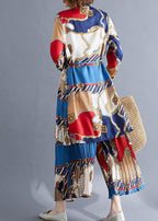 red blue prints chiffon two pieces stand collar shirt with women casual Cinched wide leg pants