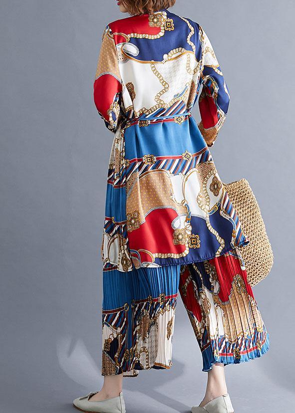 red blue prints chiffon two pieces stand collar shirt with women casual Cinched wide leg pants