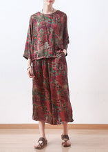 Load image into Gallery viewer, red prints silk women two pieces casual long sleeve tops and elastic waist wide leg pants