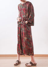 Load image into Gallery viewer, red prints silk women two pieces casual long sleeve tops and elastic waist wide leg pants