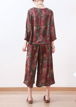 Load image into Gallery viewer, red prints silk women two pieces casual long sleeve tops and elastic waist wide leg pants