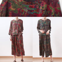 Load image into Gallery viewer, red prints silk women two pieces casual long sleeve tops and elastic waist wide leg pants