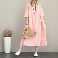 Load image into Gallery viewer, stylish pink prints long linen dresses oversize o neck linen clothing dresses casual half sleeve kaftans