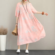 Load image into Gallery viewer, stylish pink prints long linen dresses oversize o neck linen clothing dresses casual half sleeve kaftans